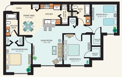 Floor plan for 4 beds, 2 baths, 1364 sqft